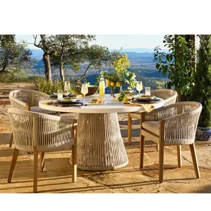 Nordic-inspirado High-end Alumínio Frame Dining Set Light Grey Woven Rope Outdoor Space Mesa e cadeiras