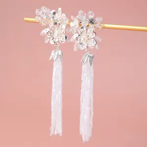Trendy Pipe Bead Tassel Earrings Alloy Flower Earrings Women Handmade Crystal Bridal Earrings
