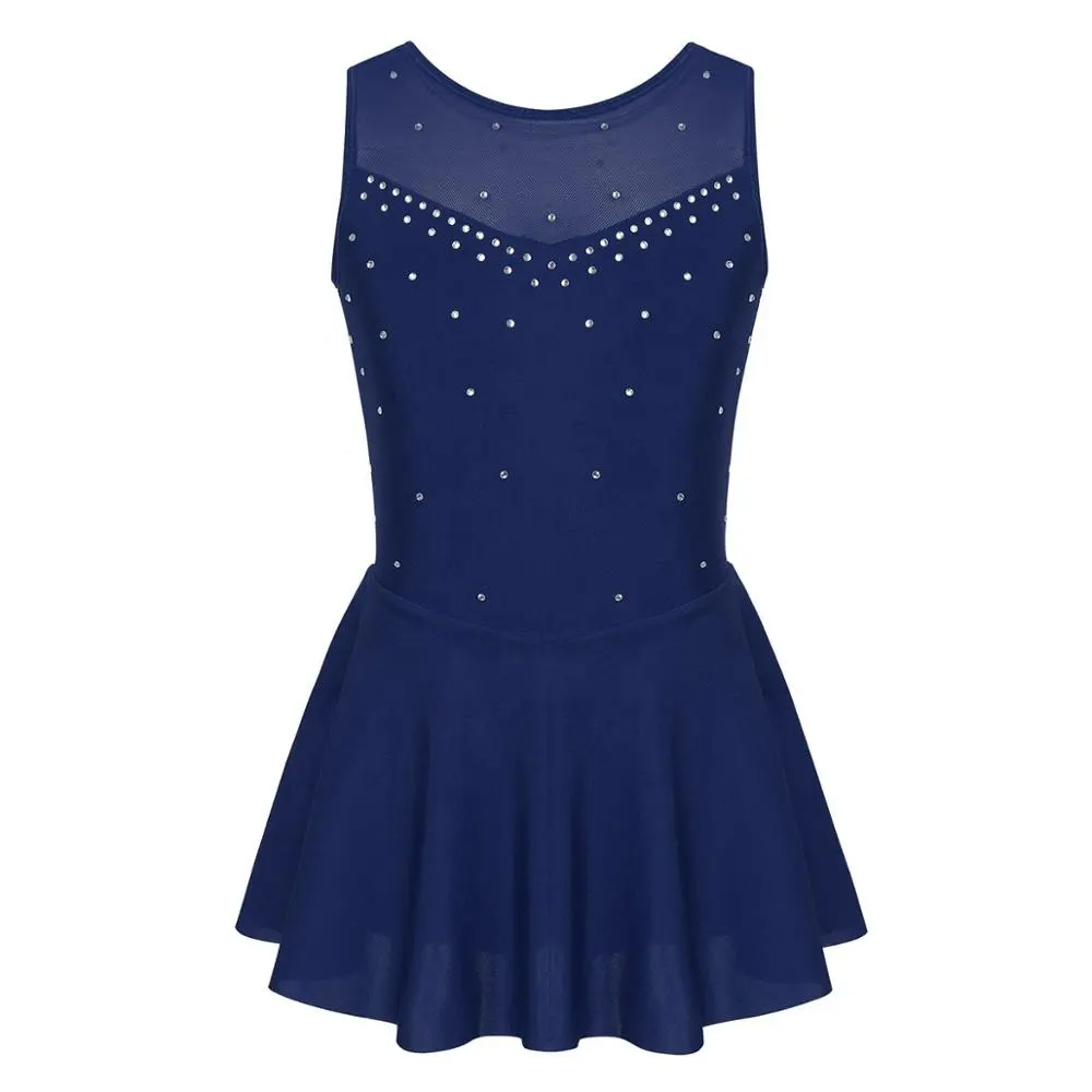 Kids Girls Sparkly Rhinestone Tulle Back Figure Ice Skating Roller Skating Dresses Ballet Costumes Dance Leotard Dress