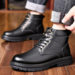 Bottes Martin pour homme, hauteur cheville, bout rond, dessus en cuir, doublure en fourrure, imperméables, antidérapantes, semelle extérieure en caoutchouc isolante, couleur unie - Product Image 2