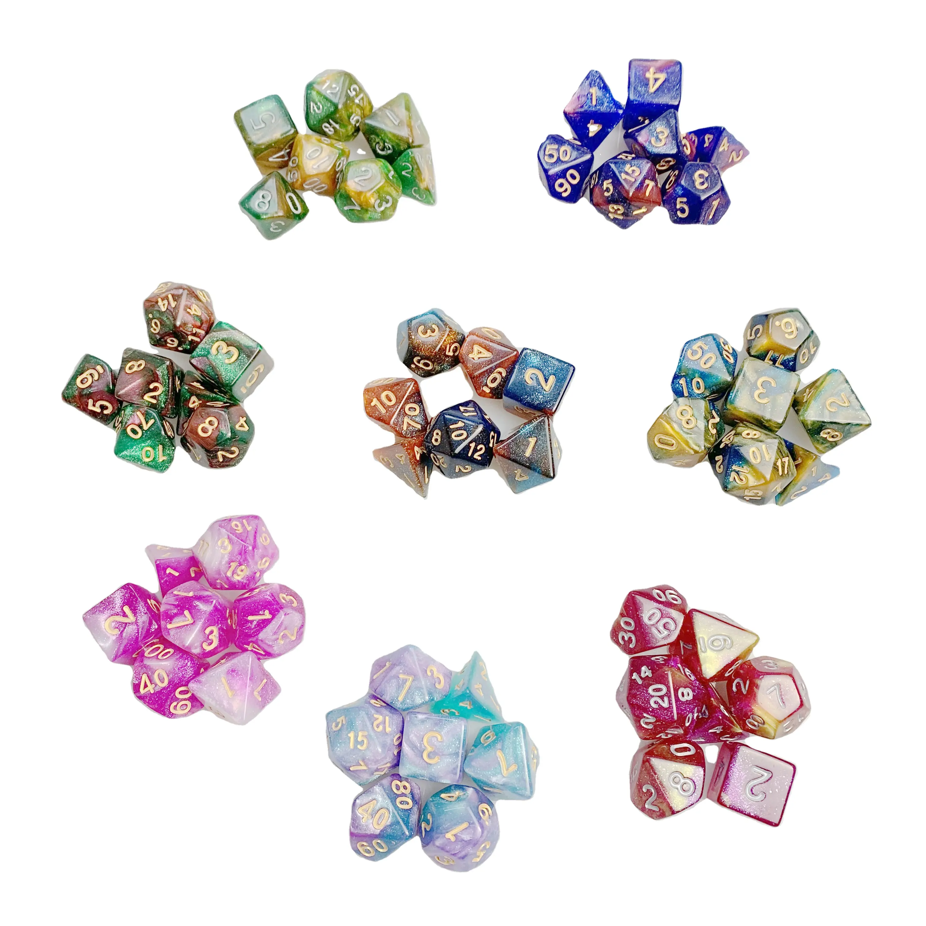 Starry double Color custom plastik acrylic dices 7pcs per set kubus polihedral permainan dadu d & d rpg massal dice set