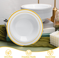 Bols à soupe en plastique blanc fantaisie jetables de 12 oz avec bord doré, plats profonds élégants de 7,5 pouces pour les fêtes, les mariages, la restauration