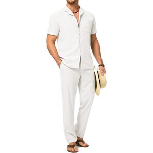 Conjunto de 2 Piezas para Hombre FOXA, Camisa de Playa Ligera de Manga Corta y Pantalones Casuales con Bolsillo, 100% Algodón Tejido - Product Image 1