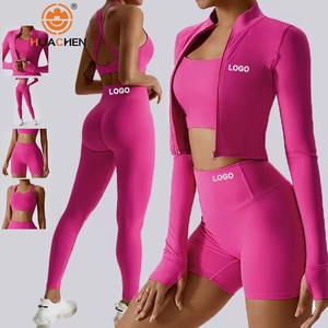 HUACHEN 2025 Completo Sportivo da Donna all'Ingrosso, Giacca a Maniche Lunghe e Leggings per Palestra e Fitness, Set Yoga Senza Cuciture - Product Image 1