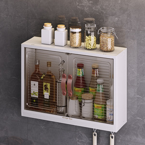 Wall Mounted Storage Box White Multi Functional Kitchen Cabinet With Hooks For Spices And Condiments - Product Image 3