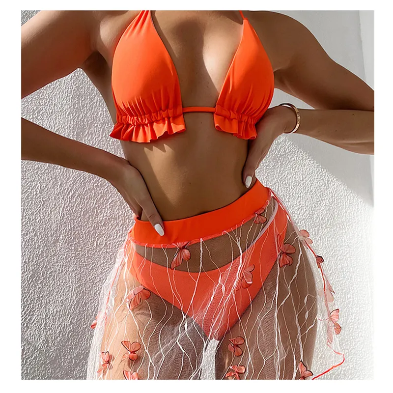 Maillot de bain d'été à col plongeant Orange, avec couverture transparente, papillons, pour les femmes, vêtements de plage, nouvelle collection 2022