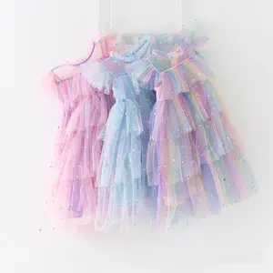 Yaz gökkuşağı yıldız pul katmanlı kore prenses çocuklar kızlar için elbiseler