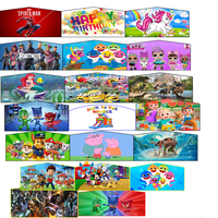 Bannières personnalisées sur divers thèmes de personnages de dessins animés, pour châteaux gonflables et promotions publicitaires en structures gonflables.