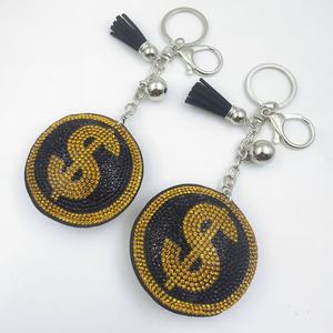 New Arrival Round Shape Dollar USD $ Keychain with Bling Rhinestone Crystal Made of Metal Leather Plastic