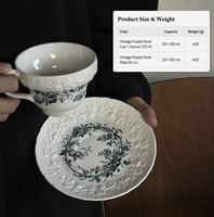 Ensemble Tasse et Soucoupe à Café en Céramique Bleue Florale Gaufrée Style Vintage Français, Bord Festonné, Porcelaine Écologique et Durable, Coffret Cadeau – Vente en Gros