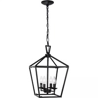 Lustre Lanterne Noir et Or à Cadre Ouvert, 4 Lumières, Ampoules Effet Flamme, Suspension pour Salle à Manger et Hall d'Entrée