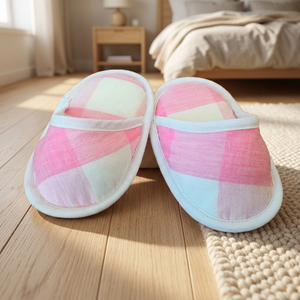 Pantoufles en coton à bout ouvert à carreaux roses, motif écossais doux, chaussures d'intérieur - Product Image 3