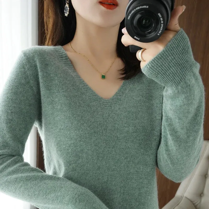 Phụ Nữ Áo Len Giản Dị v-Cổ Rắn Jumper Áo chui đầu Mùa Xuân Mùa Thu Womens Dệt Kim Đáy Áo Sơ Mi