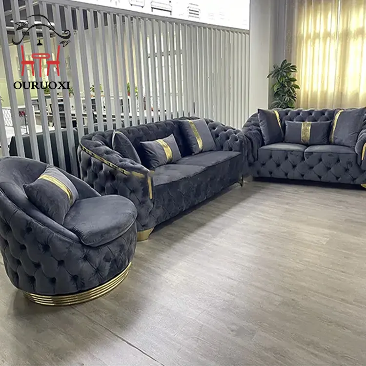 Chainiti fabrika Modern oturma odası kadife kumaş tatlı koltuk takımı altın paslanmaz çelik