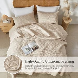 Modern Style Geometric Pattern Quilt Bedding Set <strong>Beige</strong> Lightweight Microfiber Soft King/Cal King Size <strong>Bedspread</strong> 3 Quilt - Product Image 5