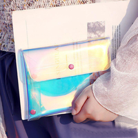 Pochette d'argent holographique personnalisée petite enveloppe en plastique étanche fermeture à bouton pression sac de poche en PVC transparent pour le classement élégant