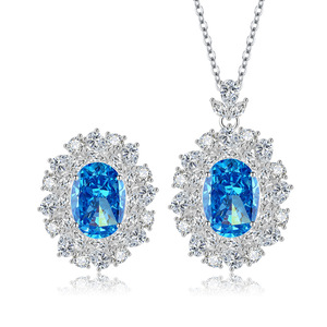 Fashion Copper Iced Flower Cut 10*14mm Sea <b>Blue</b> Oval Cubic Zirconia Rings And <b>Necklace</b> most beutiful floral jewlarly sets - Product Image 1