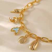 Bracelet Chaîne Trombone Plaqué Or 18K en Cuivre Style Bohème avec Breloque Océanique Coquillage Perle Queue de Sirène pour Femme Plage