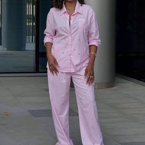 Women's Rhinestone Embellished 2 Piece Set - Long Sleeve Button <b>Down</b> Shirt & Wide Leg <b>Pants</b> Fashion - Product Image 3