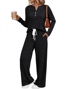 Conjunto de 2 piezas de punto acanalado cepillado para mujer, otoño-invierno 2026, suelto, de manga larga, con pantalón, chándal, venta al por mayor - Product Image 5