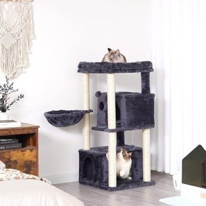 <span class=keywords><strong>Arbre</strong></span> à <span class=keywords><strong>chat</strong></span> écologique double pour chats d'intérieur, avec maisonnette en peluche, perchoir rembourré, poteaux à gratter en bois, sisal, fausse fourrure et papier - Product Image 3