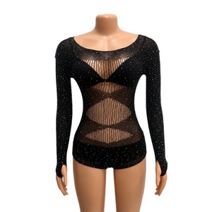 Ensemble de danse latine pour femmes avec strass et résille, tenue de compétition transparente à manches longues, vente en gros - Product Image 5