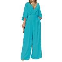 Combinaison-pantalon élégante tricotée unie respirante à col en V et manches courtes, taille haute, jambe large, pour femme, collection été-automne, vente en gros