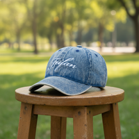 Topi Denim Distressed Harga Pabrik, Topi Baseball Denim Vintage, Gaya Sporty, Bordir Custom, Cetak, Topi Baseball Denim