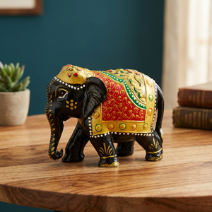 Figura de Elefante de Madera Negra con Silla Decorativa Roja, Dorada y Verde para Decoración Tradicional de Mesa - Product Image 1
