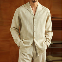 Kemeja Pria Linen Campuran Khusus Kasual Lengan Panjang Kerah Kancing Warna Solid V-Neck Kemeja Bisnis untuk Pengantin Pria