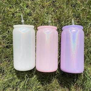 Holographic Shimmer White Glitter Blank Sublimation Can 16Oz Colored Glass <b>Cup</b> With Pp <b>Plastic</b> Lid and Straw - Product Image 3