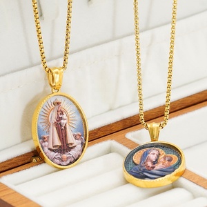Collier pendentif religieux avec chaîne à maillons pour femmes et hommes, plaqué or 18 carats, acier inoxydable, ovale, Jésus, Vierge <span class=keywords><strong>Marie</strong></span> catholique - Product Image 2