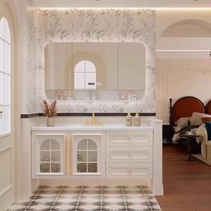 French cream bathroom cabinet <b>oak</b> with heat-bent integrated basin wall-mounted wall cabinet with LED light strip - Product Image 3