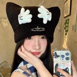 Bonnet mignon pour femmes broderie <span class=keywords><strong>3D</strong></span> impression numérique Protection chaude Plaid frisé dessin animé personnage oreilles à la main pour voyage - Product Image 3