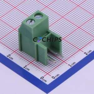 XY129R-A-5.0-2P Screw Terminal Block Bent Lead Through Hole,P=5mm Connector 1x2P 5mm Green Right Angle Insert - Product Image 1