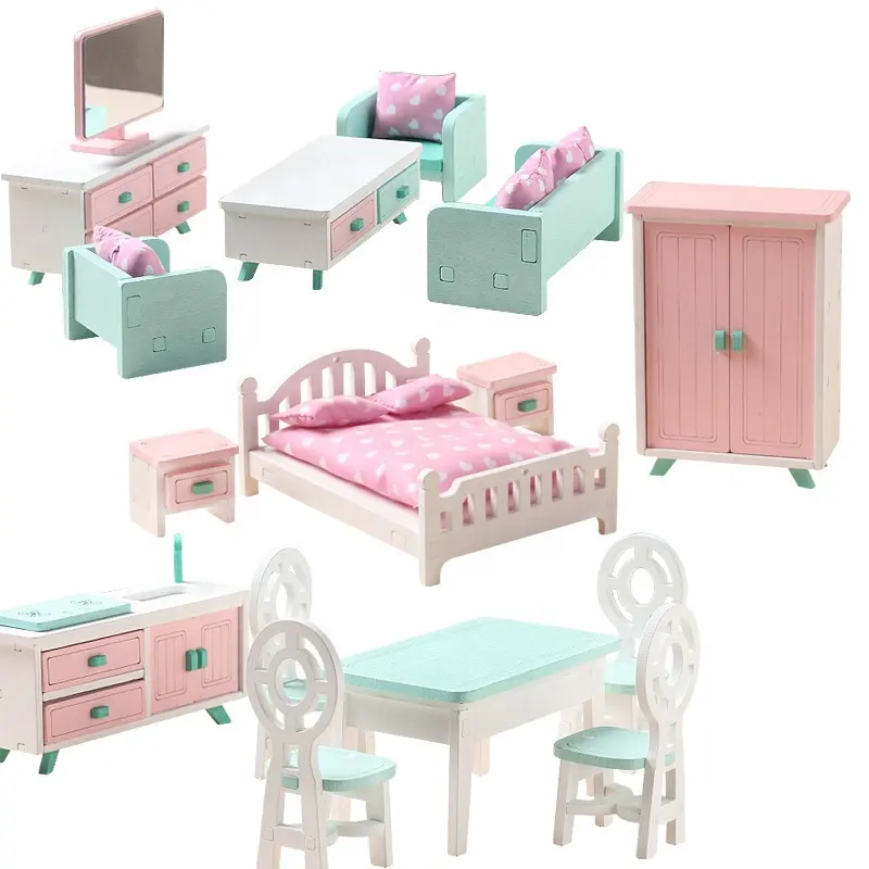 Set Mainan Bermain Peran Anak Perempuan, Furnitur Miniatur Mini Ruang Keluarga Dapur Kamar Tidur Boneka Kayu