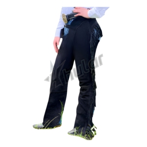 Chaps western pour femmes en cuir véritable, taille haute, avec panneau élastique et fermeture à crochet et barre pour l'équitation - Product Image 1