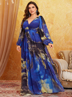 Robe de soirée modeste en mousseline de soie à imprimé floral aquarelle bleu taille plus, col en V, manches fendues, taille froncée pour femmes