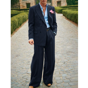 Abiti a righe da <span class=keywords><strong>uomo</strong></span> blu scuro 2 pezzi <span class=keywords><strong>elegante</strong></span> abbigliamento da lavoro alla moda abiti da festa da <span class=keywords><strong>uomo</strong></span> pantaloni Blazer Costume da <span class=keywords><strong>uomo</strong></span> smoking - Product Image 1