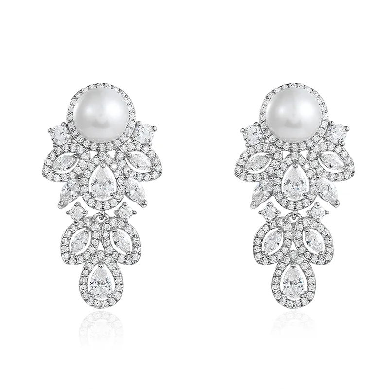 High Quality Leaf Shape Marquise Cut Cubic Zirconia CZ Crystal and Shell Pearl Bridal Wedding Earrings
