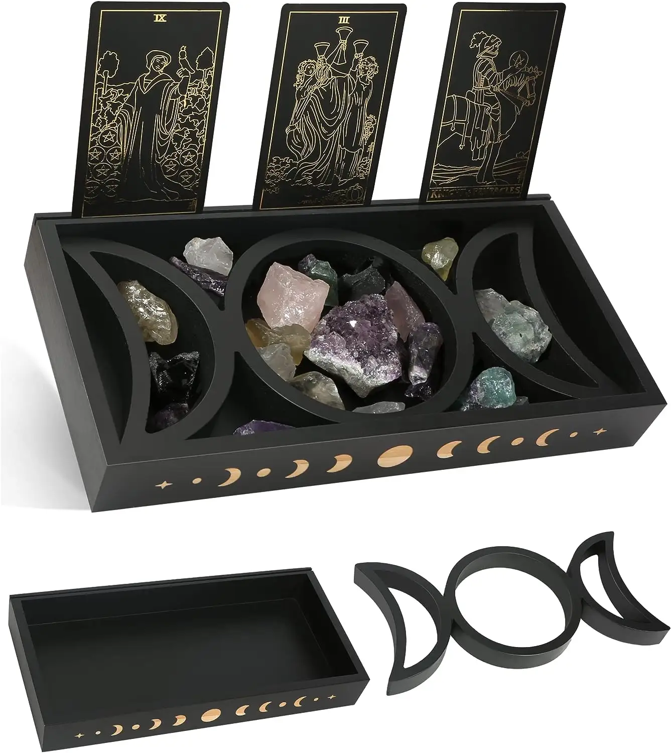 Witch Room Decor Black Wood Crystal Bandeja para Pedras Triple Moon Tarot Card Holder Box