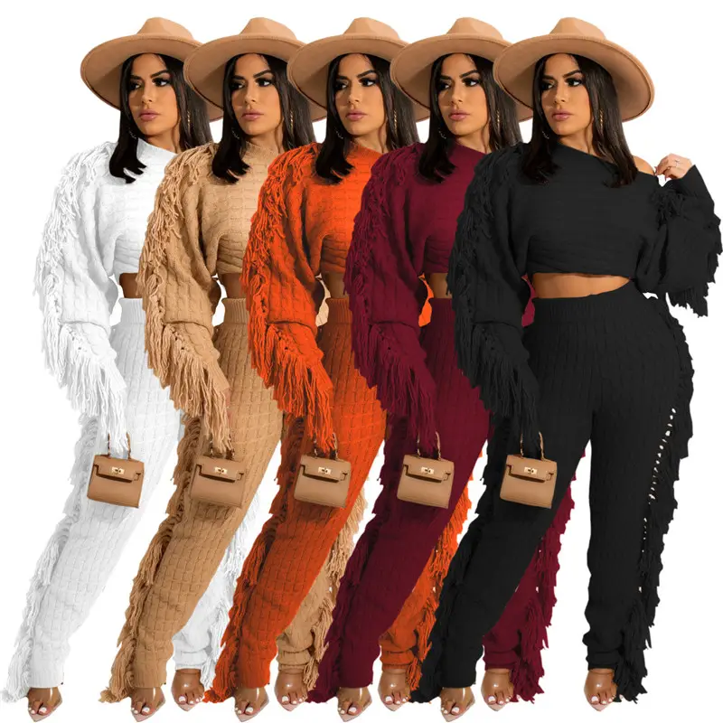 2022 Fall winter cardigan sets women 2 piece set side tassel knitted suit fashion women's sweater and pants set