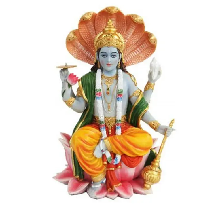 Patung Kecil Poliresin/Resin 8 Inci Vishnu dengan Mitologi Lotus India Dewa Hindu