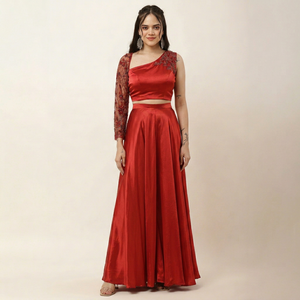 Elegant <b>Red</b> Satin One Shoulder Embroidered <b>Crop</b> <b>top</b> and Sharara Set Evening Dress Solid color Handmade Beads work - Product Image 1