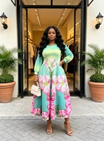 Robe midi pour femme, à manches longues, imprimé floral, coupe évasée, jupe ondulante, élégante, mode décontractée