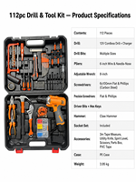 Ensemble d'outils électriques rechargeables Vokex de 112 pièces avec embouts, tournevis, marteau, pinces, clé pour la réparation à domicile