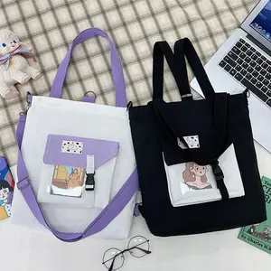 Tas Jinjing Kanvas Katun Imut Selempang Bahu Logo Kustom Mode Instagram Ungu dengan Saku dan Ritsleting