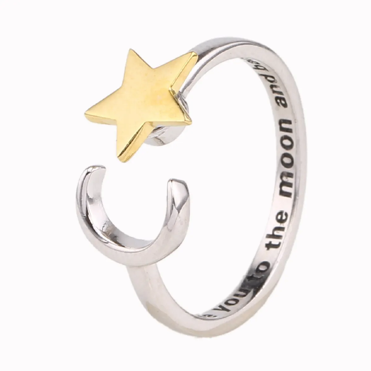 Cute Simple Personality S925 Sterling Silver rotatable Ring Star Moon Two-color Plating Opening Adjustable Ring