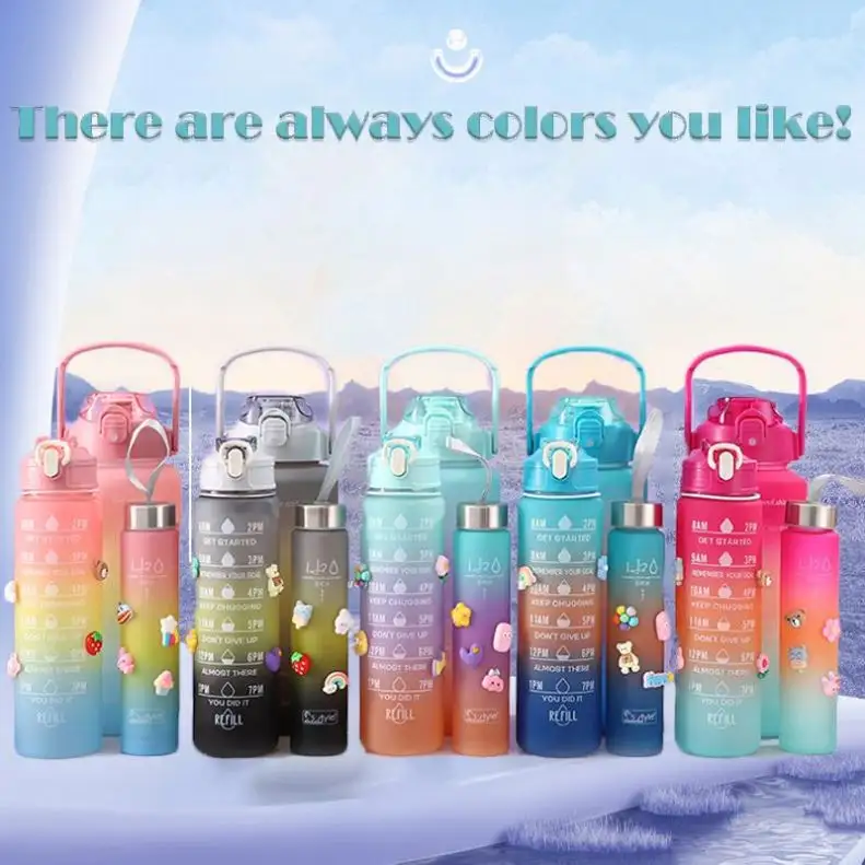 Venta caliente niños Arco Iris botella de agua de plástico 7 colores viaje portátil reutilizable grado alimenticio PP Juego de vasos de plástico