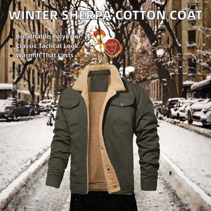 For GEARS <b>Men</b> <b>Sherpa</b> Lined Fleece Jacket Turn Collar Thick Winter Coat Cargo Pocket Breathable Workwear Style Outerwear - Product Image 2